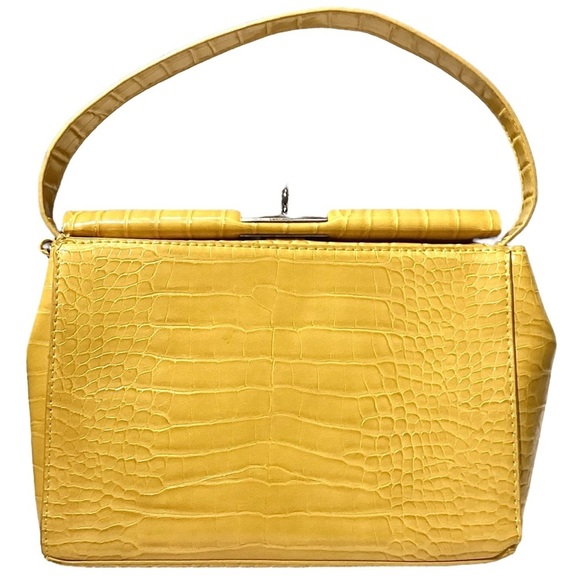 Top Handle Yellow Faux Crocodile Embossed Handbag Turn Lock Closure Like New - Picture 14 of 14